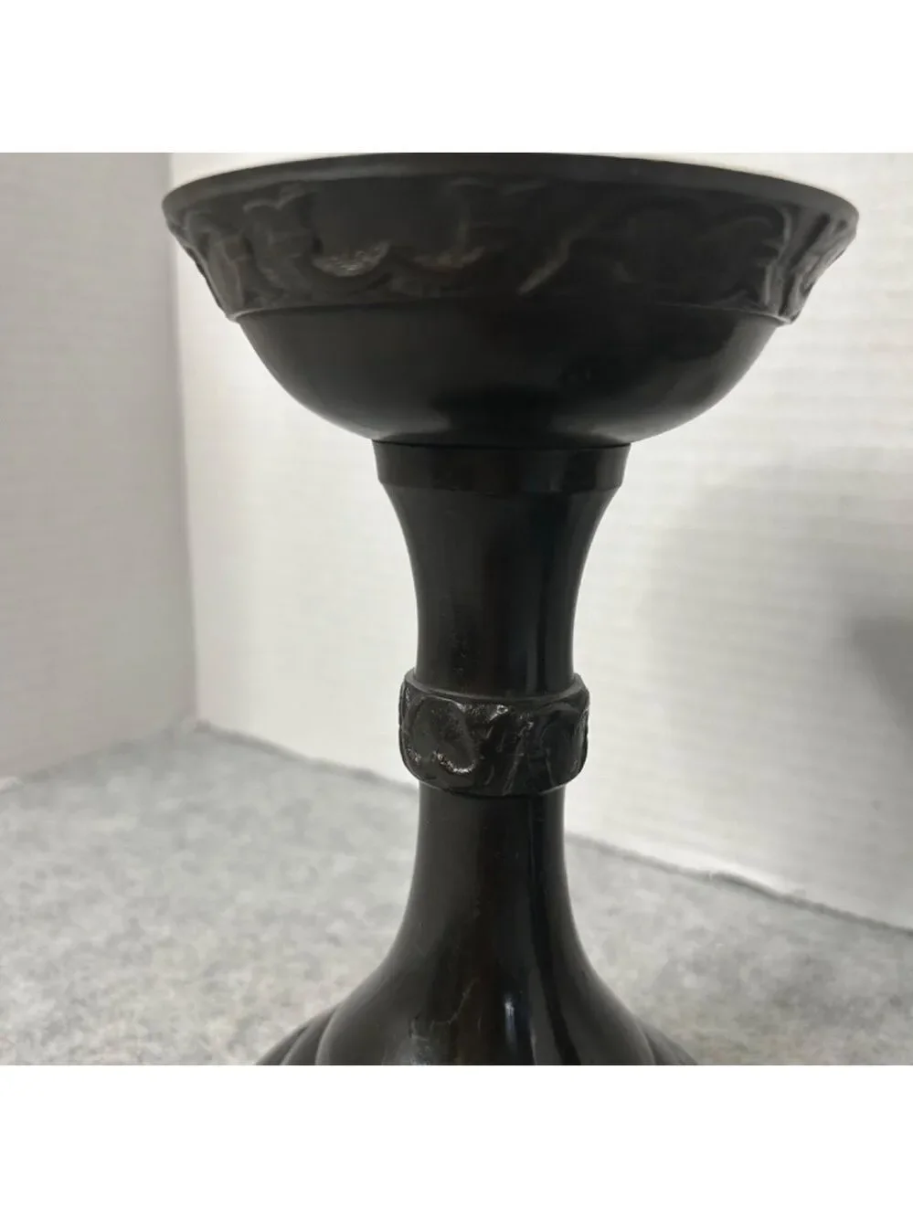 Pottery Barn Metal Candle Pillars Etched Set of 2 Black Brown Sml Flaw See Pic